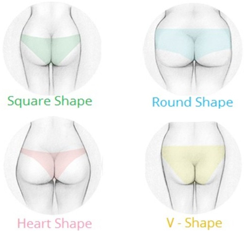 тип «square» - квадратні форми;   тип «round» - круглі форми;   тип «heart» - сердцеподобние;   тип «V-shape» - V-подібні або трикутні сідниці