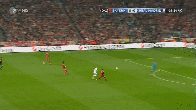 Нойер вибіг за межі штрафного, щоб випередити Бензема, вибивши м'яч головою, і снаряд відлетів прямо до Гарету Бейлу, але, на щастя для господарів, валлієць з дальньої дистанції не влучив у порожні ворота «Баварії»