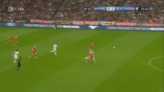 В один з таких моментів футболісти «Реала» перехопили атаку «Баварії» на своїй половині поля, Карім Бензема віддав наскрізну передачу на Бейла, Гарет пролетів до лінії штрафного мюнхенців і викотив м'яч під удар Роналду, який із забійної позиції переграв Мануеля Нойєра, зробивши рахунок 0-3